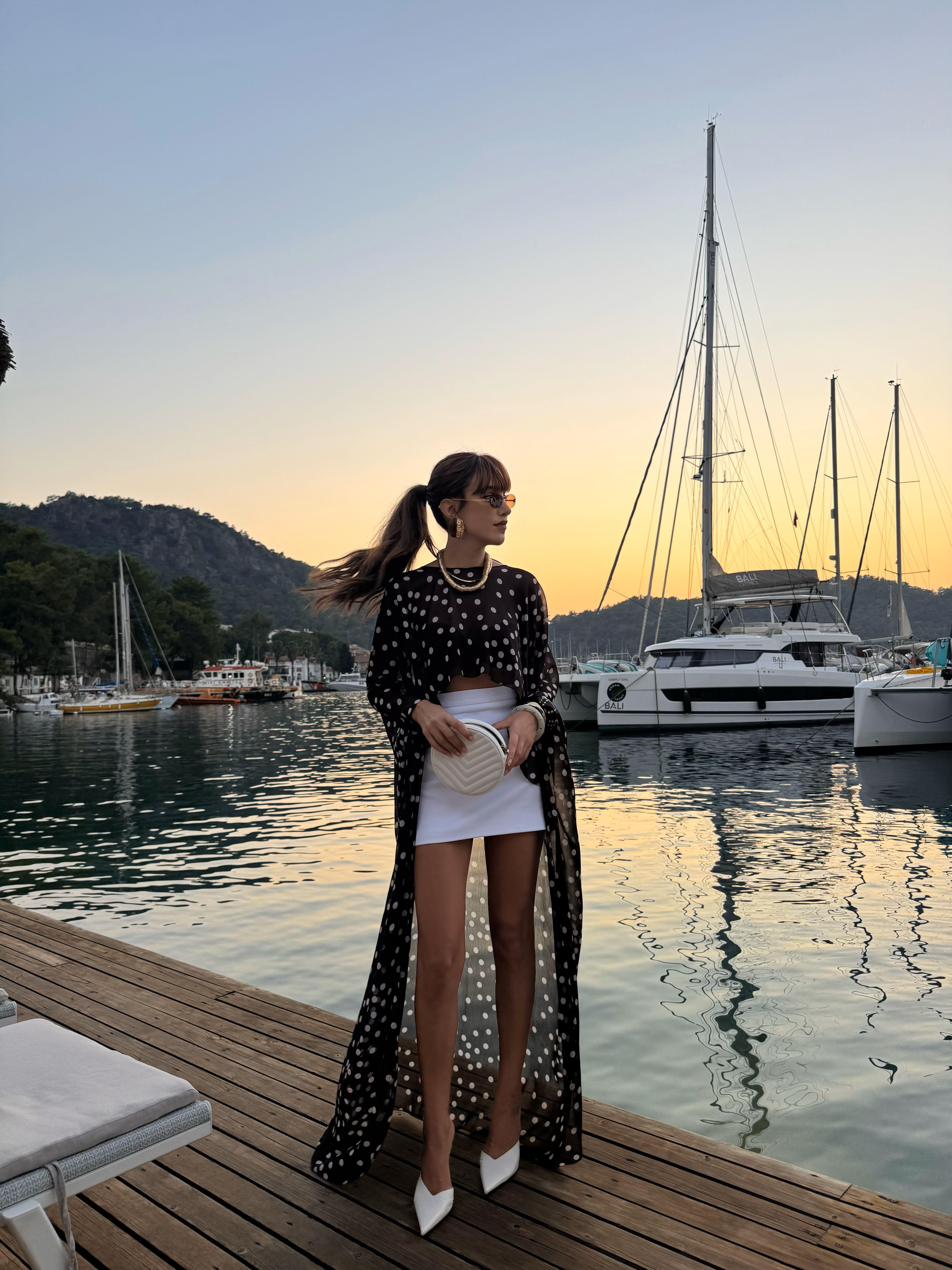 Lucina Şifon Bluz Kahverengi Beyaz Puantiyeli