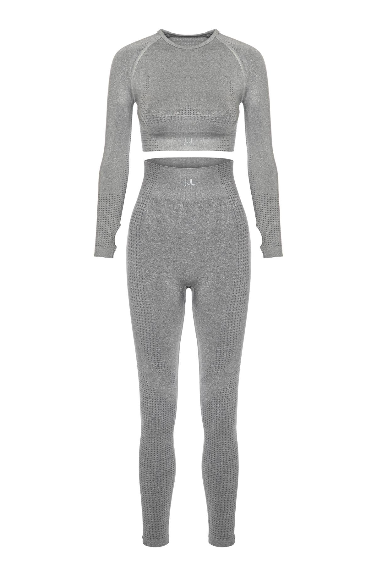 Uzun Kollu Crop Top - Tayt Takım Açık Gri