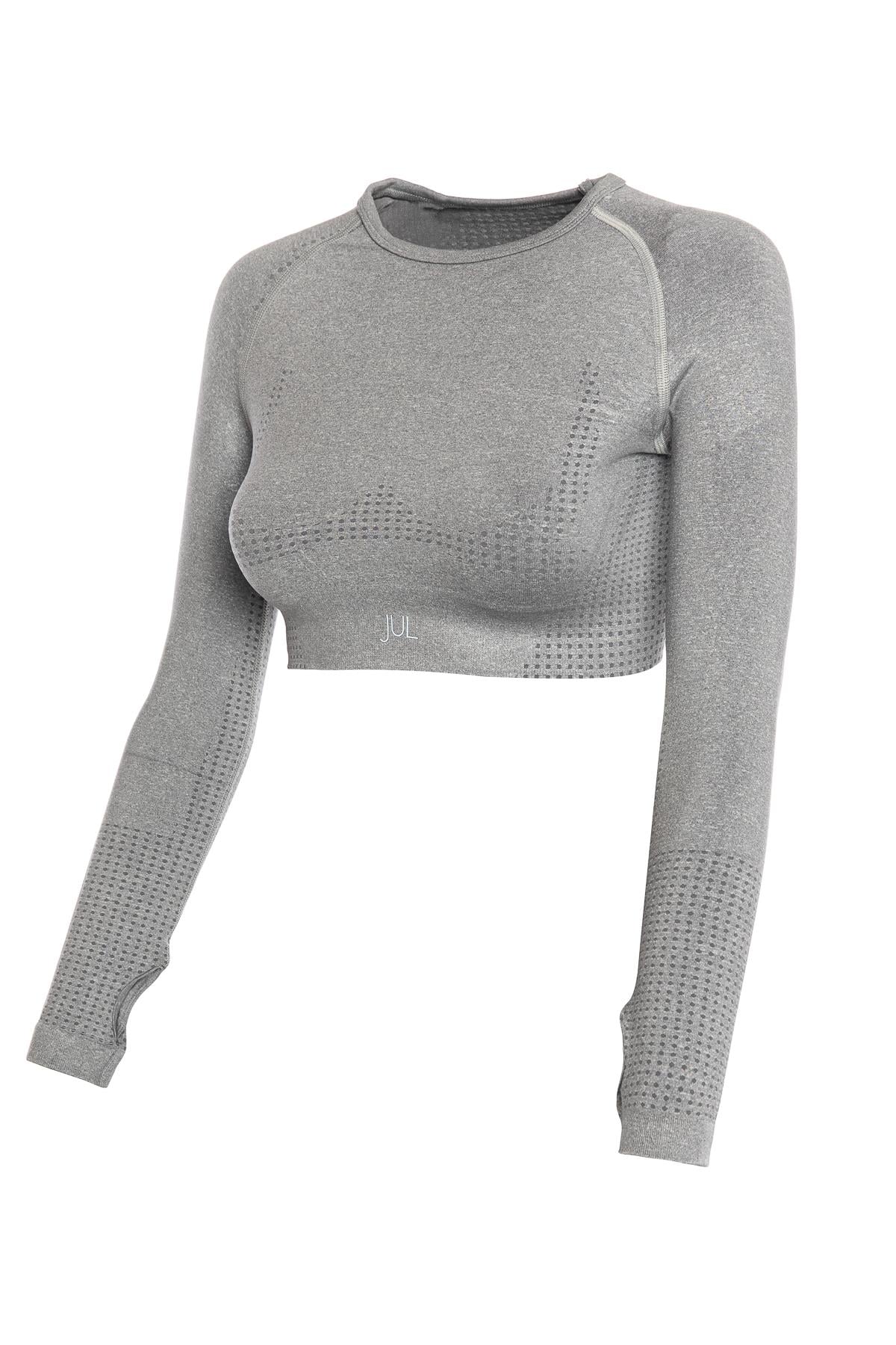 Uzun Kollu Crop Top - Tayt Takım Açık Gri