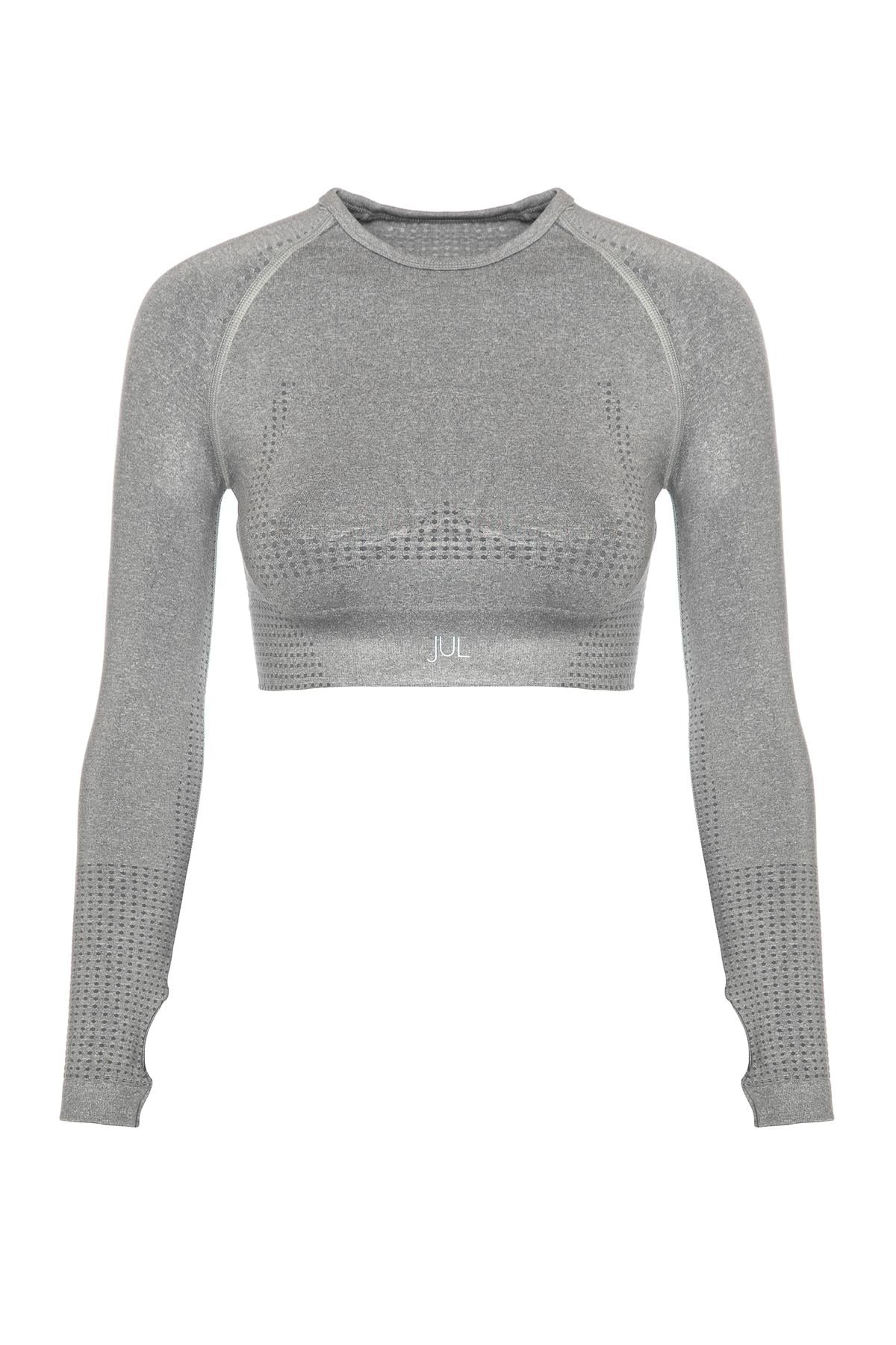 Uzun Kollu Crop Top - Tayt Takım Açık Gri