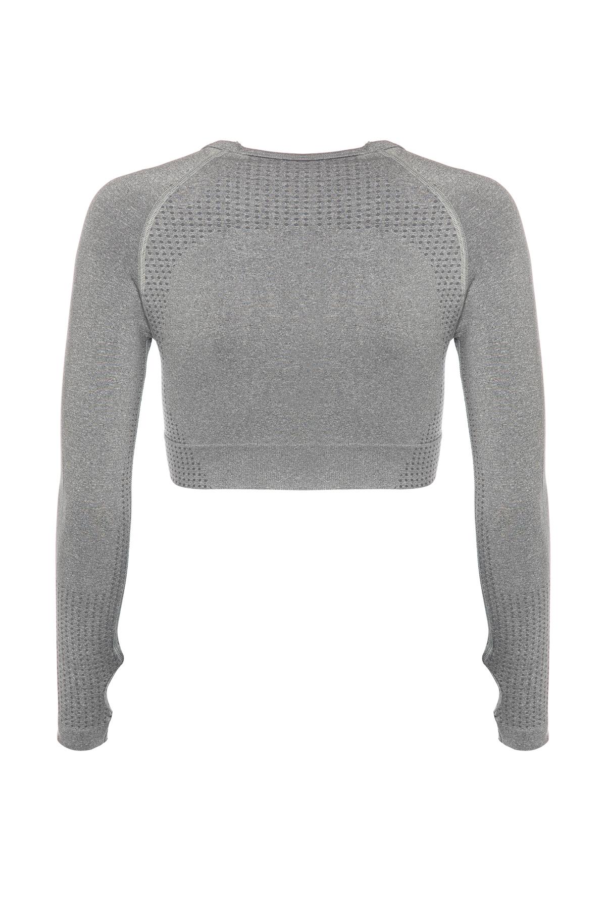 Uzun Kollu Crop Top - Tayt Takım Açık Gri