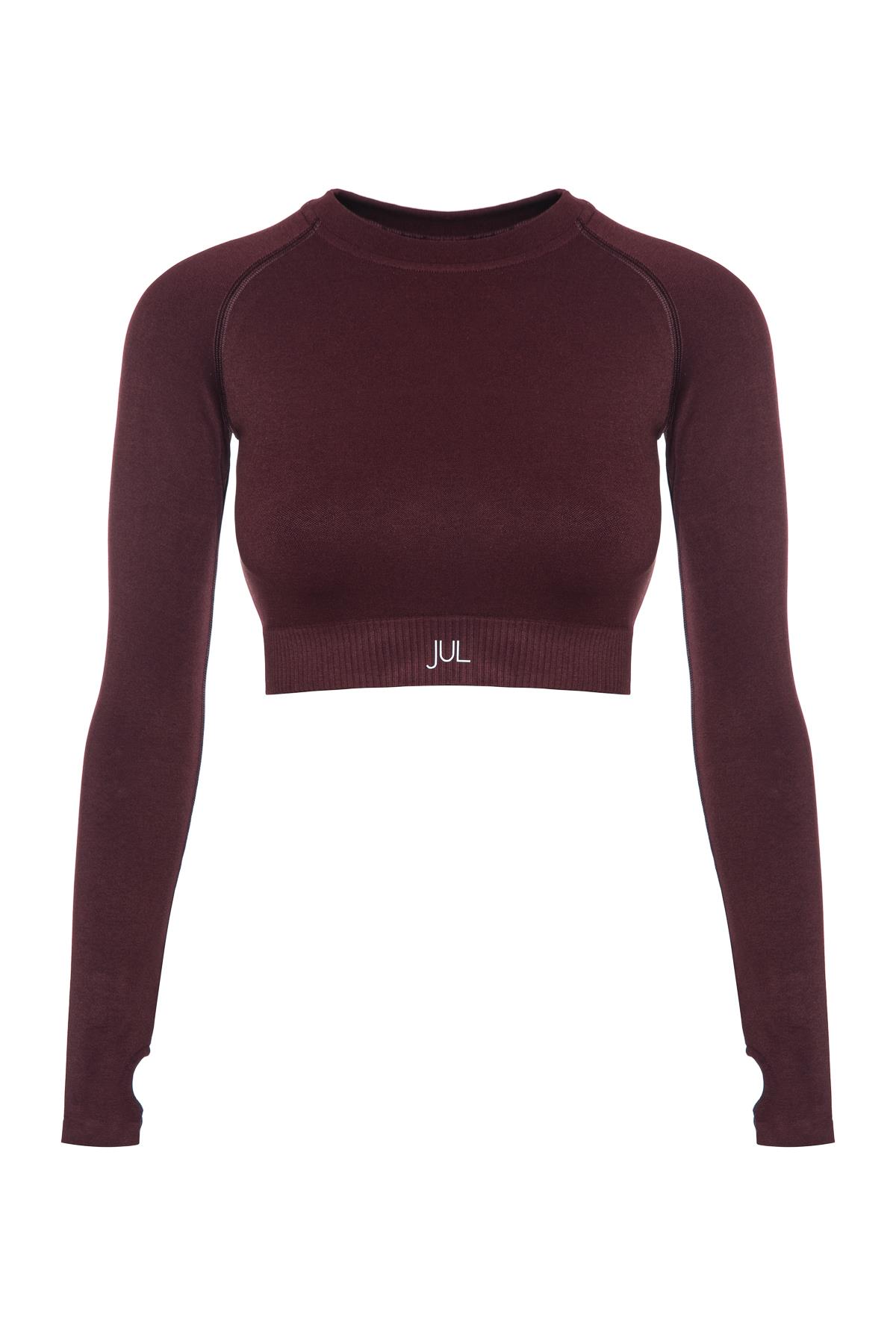 Uzun Kollu Crop Top - Tayt Takım Mat Bordo
