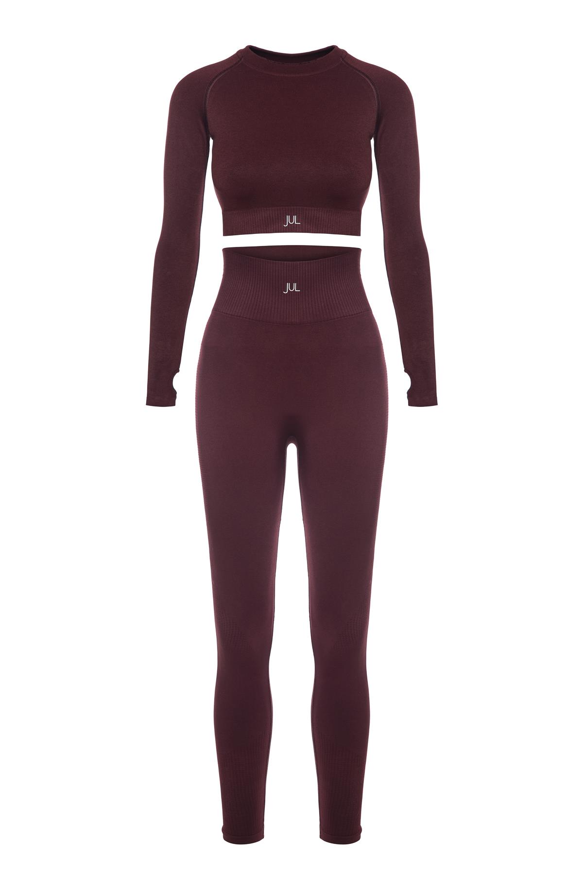 Uzun Kollu Crop Top - Tayt Takım Mat Bordo