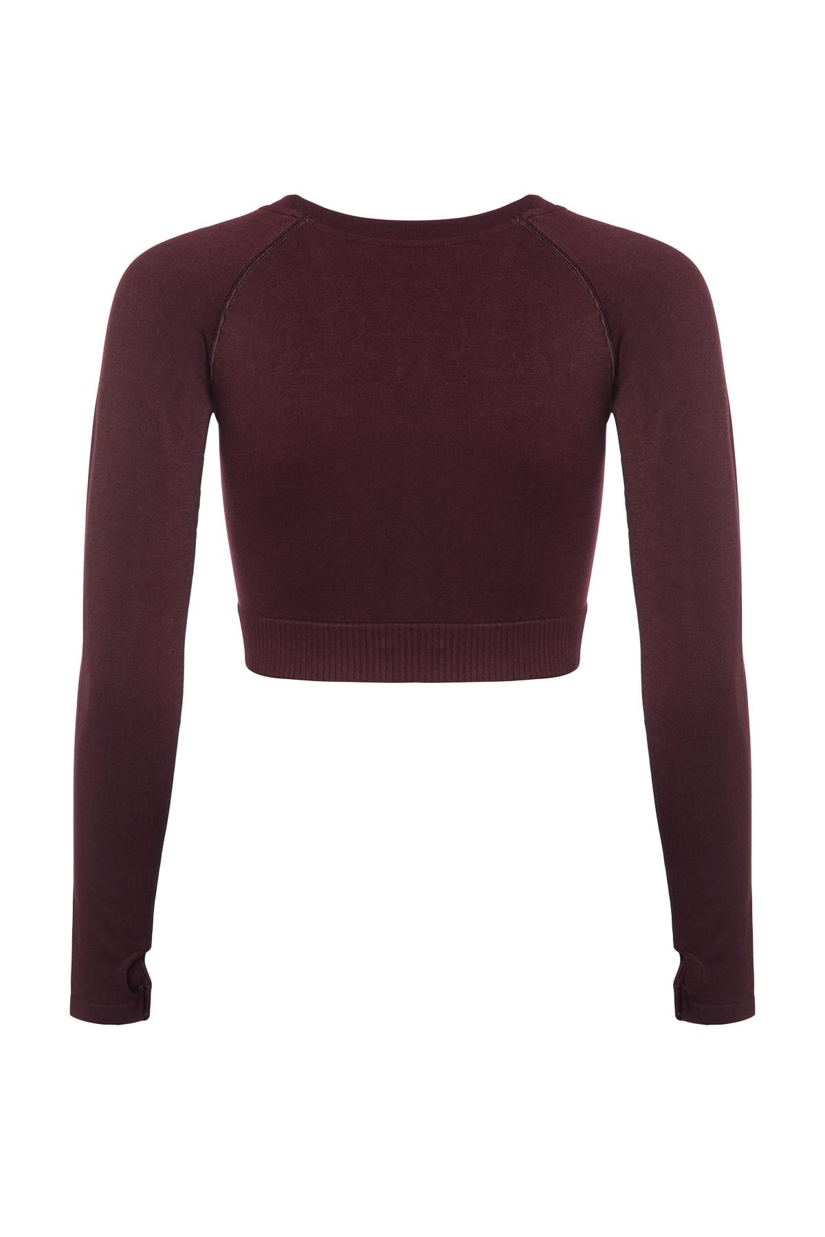 Uzun Kollu Crop Top - Tayt Takım Mat Bordo