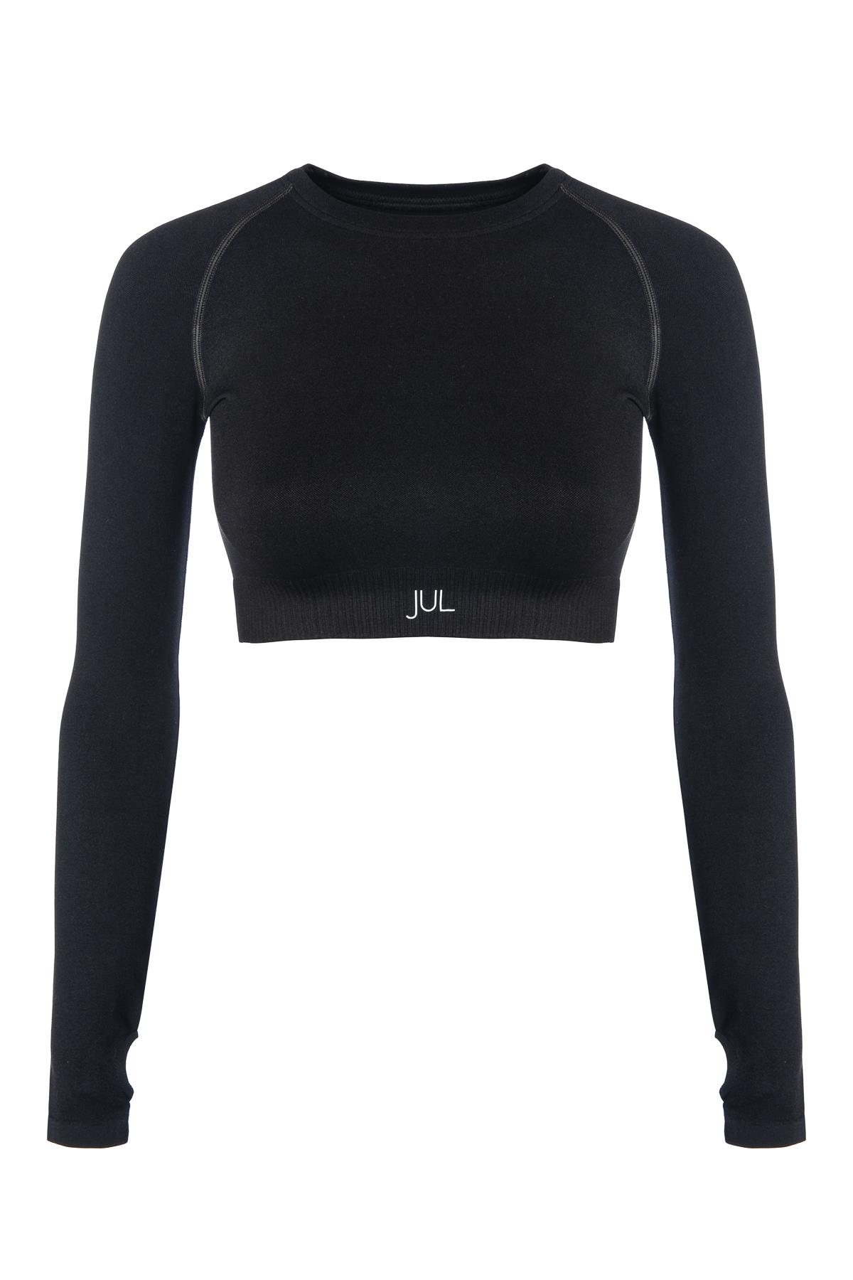 Uzun Kollu Crop Top - Tayt Takım Mat Siyah