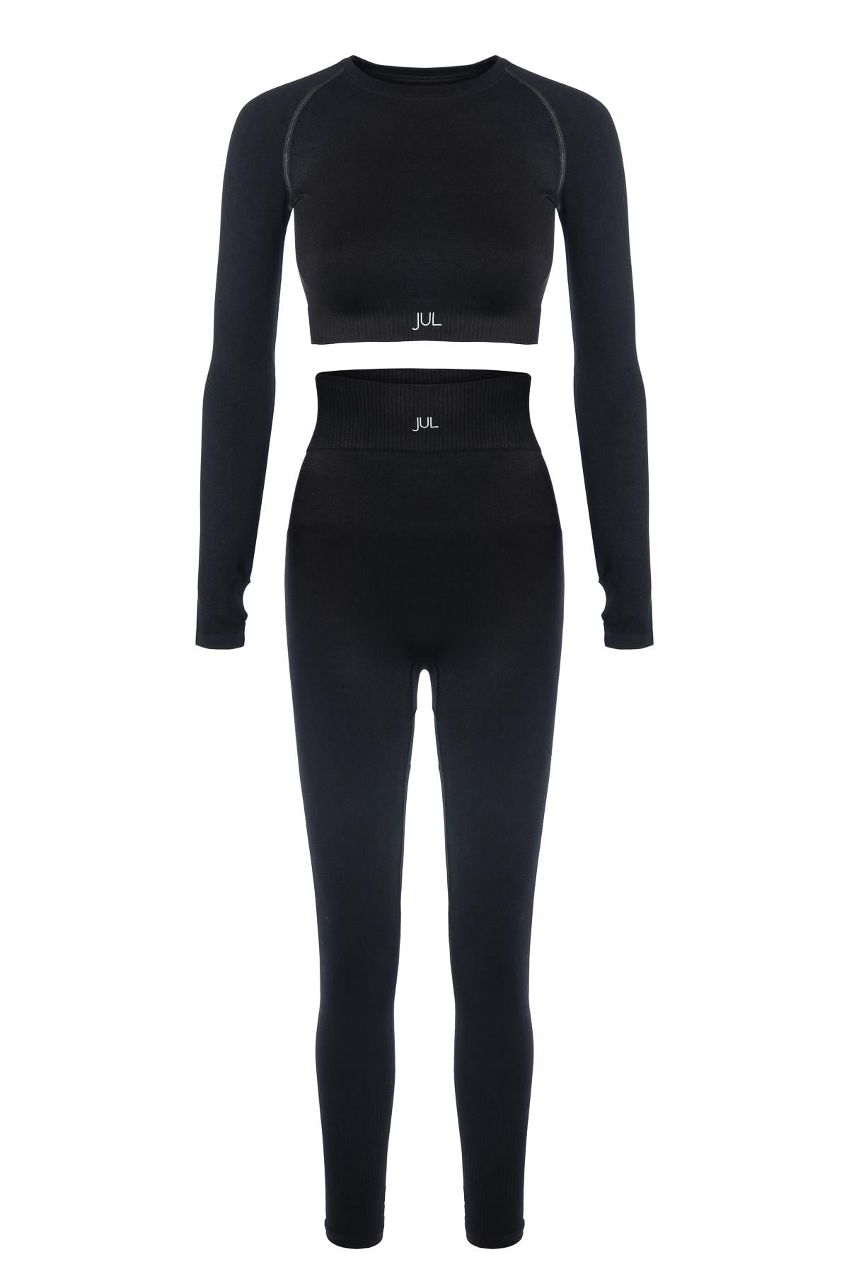 Uzun Kollu Crop Top - Tayt Takım Mat Siyah