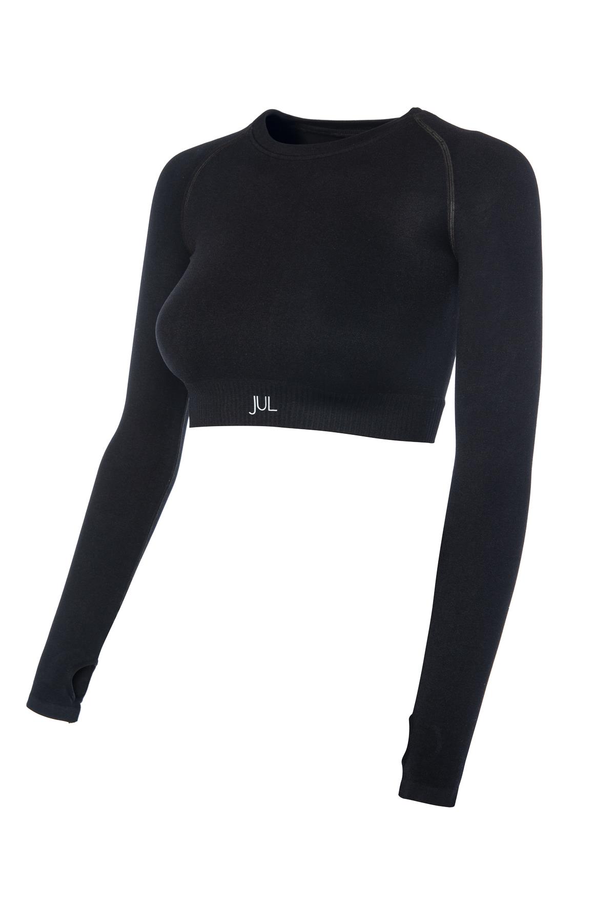 Uzun Kollu Crop Top - Tayt Takım Mat Siyah
