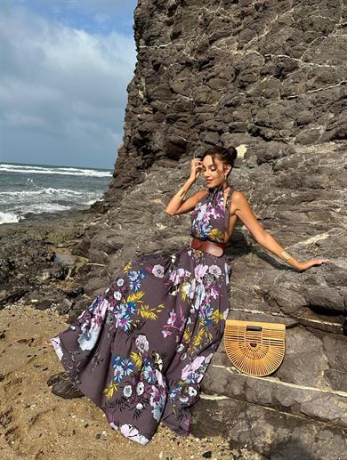 Bağlamalı Çiçekli Elbise Mor