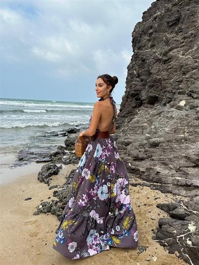 Bağlamalı Çiçekli Elbise Mor