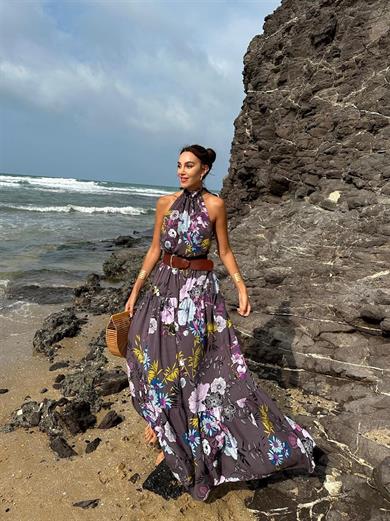 Bağlamalı Çiçekli Elbise Mor