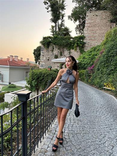 Boyun Detaylı Elbise Gri