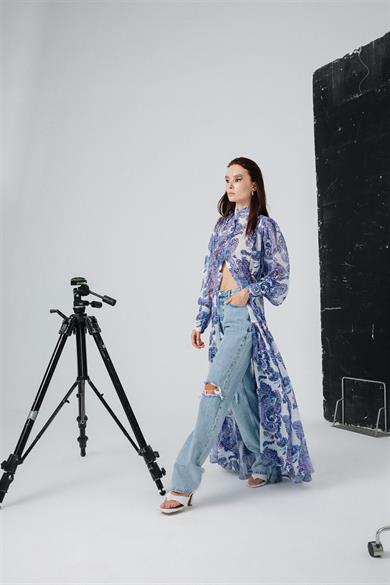 Desenli Şifon Elbise Mavi