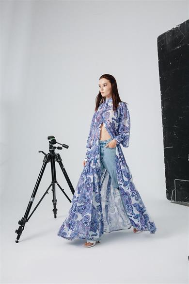 Desenli Şifon Elbise Mavi