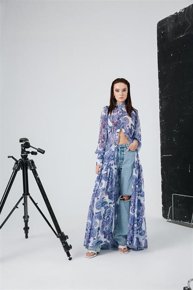 Desenli Şifon Elbise Mavi