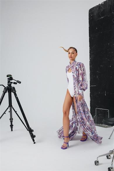 Desenli Şifon Elbise Mor