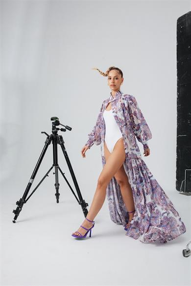 Desenli Şifon Elbise Mor