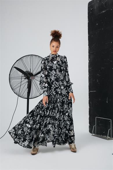 Desenli Şifon Elbise Siyah