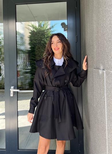 Kaşe İnce Trençkot Siyah