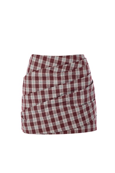Plaid Mini Etek Bordo