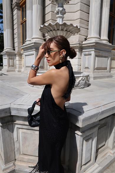 Püsküllü Elbise SİYAH LEOPAR