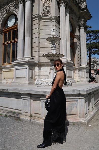 Püsküllü Elbise SİYAH LEOPAR