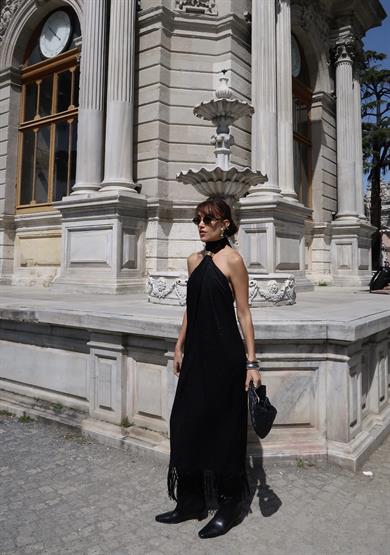 Püsküllü Elbise SİYAH LEOPAR