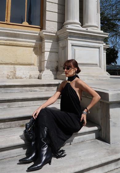 Püsküllü Elbise SİYAH LEOPAR