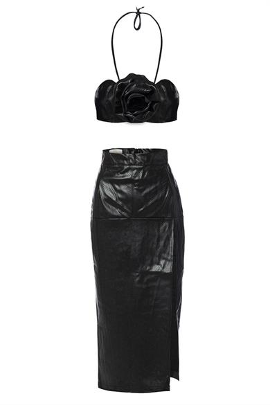 Rose Deri Büstiyer Siyah Kroko