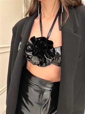 Rose Deri Büstiyer Siyah Rugan