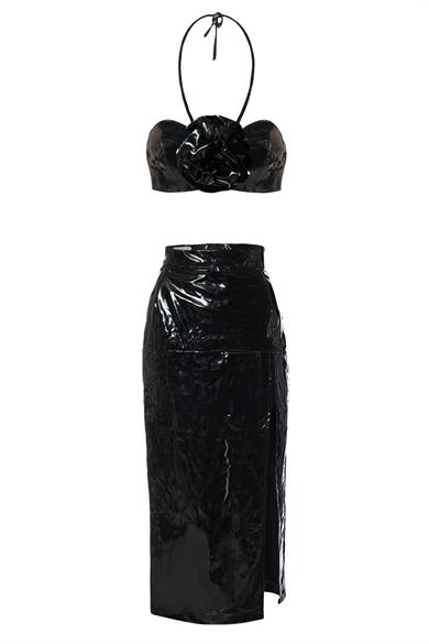 Rose Deri Büstiyer Siyah Rugan