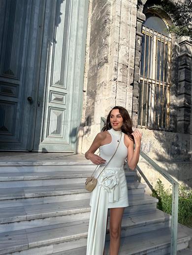 Rose Deri Mini Etek Beyaz