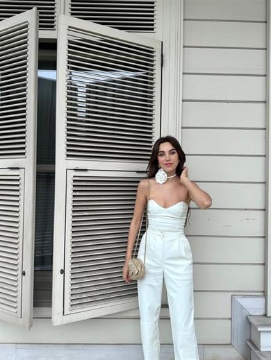 Rose Deri Uzun Pantolon Beyaz