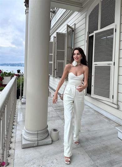 Rose Deri Uzun Pantolon Beyaz