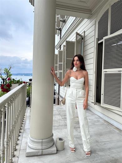 Rose Deri Uzun Pantolon Beyaz