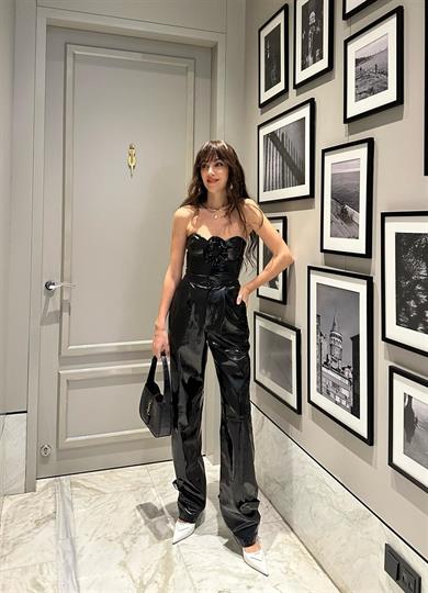 Rose Deri Uzun Pantolon Siyah Rugan