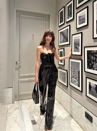 Rose Deri Uzun Pantolon Siyah Rugan