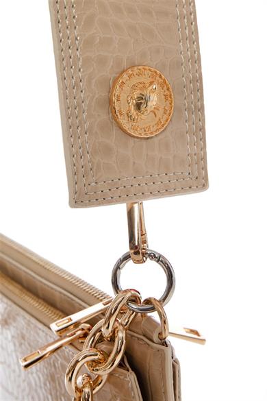 Üç Bölmeli Askılı Kol Çantası Bej