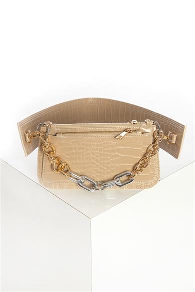 Üç Bölmeli Askılı Kol Çantası Bej