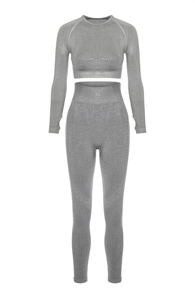 Uzun Kollu Crop Top - Tayt Takım Açık Gri