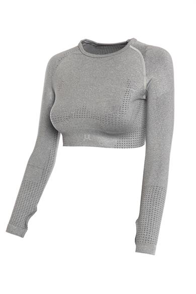 Uzun Kollu Crop Top - Tayt Takım Açık Gri