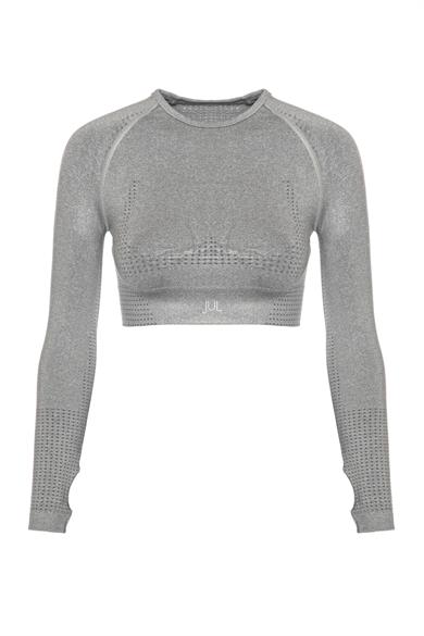 Uzun Kollu Crop Top - Tayt Takım Açık Gri