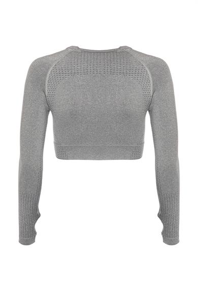 Uzun Kollu Crop Top - Tayt Takım Açık Gri