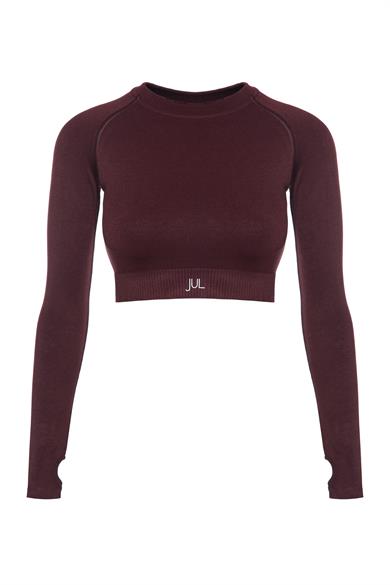 Uzun Kollu Crop Top - Tayt Takım Mat Bordo