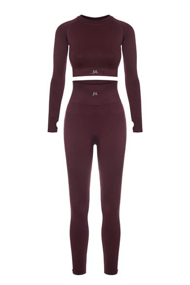 Uzun Kollu Crop Top - Tayt Takım Mat Bordo