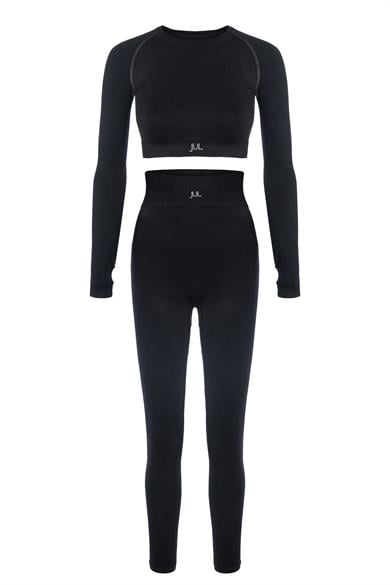 Uzun Kollu Crop Top - Tayt Takım Mat Siyah