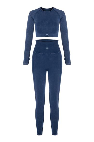 Uzun Kollu Crop Top - Tayt Takım Mavi