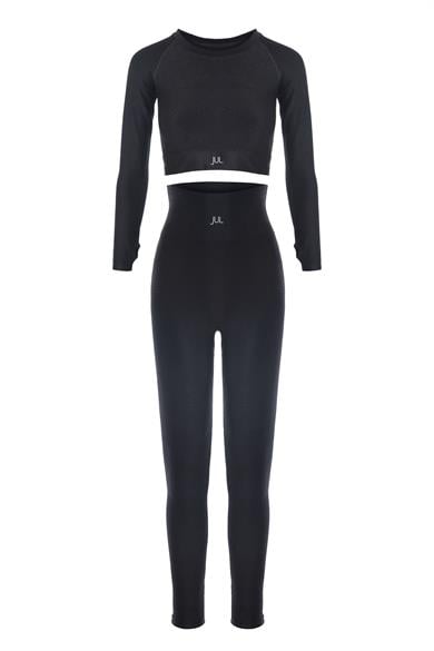 Uzun Kollu Crop Top - Tayt Takım Siyah