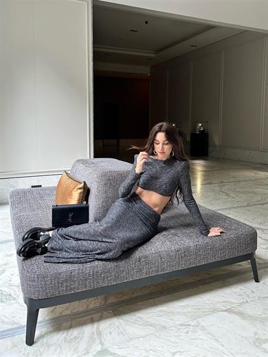 Vatkalı Simli Bluz Gri