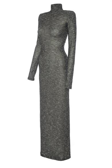 Vatkalı Simli Elbise Gri