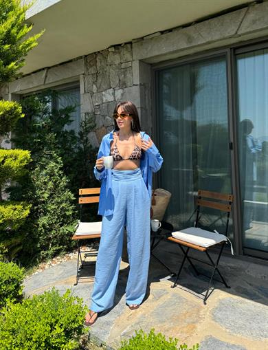 VERONA BELİ BÜZGÜLÜ PANTOLON Mavi
